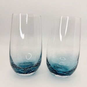 Set of 2 Pier 1 Teal Blue Crackle Ombré Tall Tumbler Wine Glass Discontinued